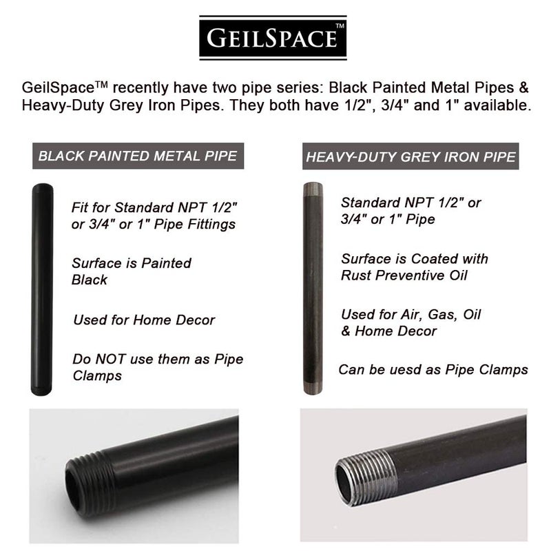 GeilSpace 6 Pack 1/2" Ã— 18" Pre-Cut Black Metal Pipe, Industrial Steel Fits Standard Half Inch Black Threaded Pipes and Fittings - Vintage DIY Industrial Shelving (1/2" Ã— 18") - Image 3
